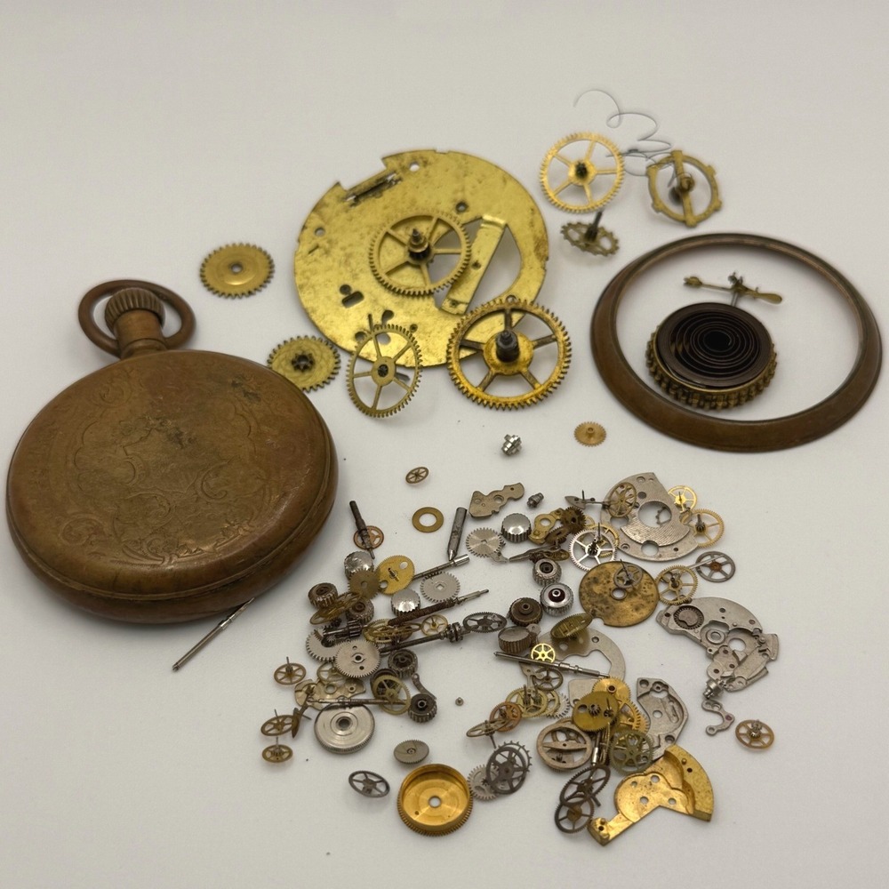 Vintage Watch Parts Lot Antique Pocket Watch Case Gears Springs Steampunk Art 39